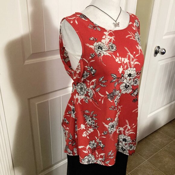 BOBEAU Dark salmon pink black white floral print sleeveless shirt ~ MEDIUM LARGE - Picture 4 of 13